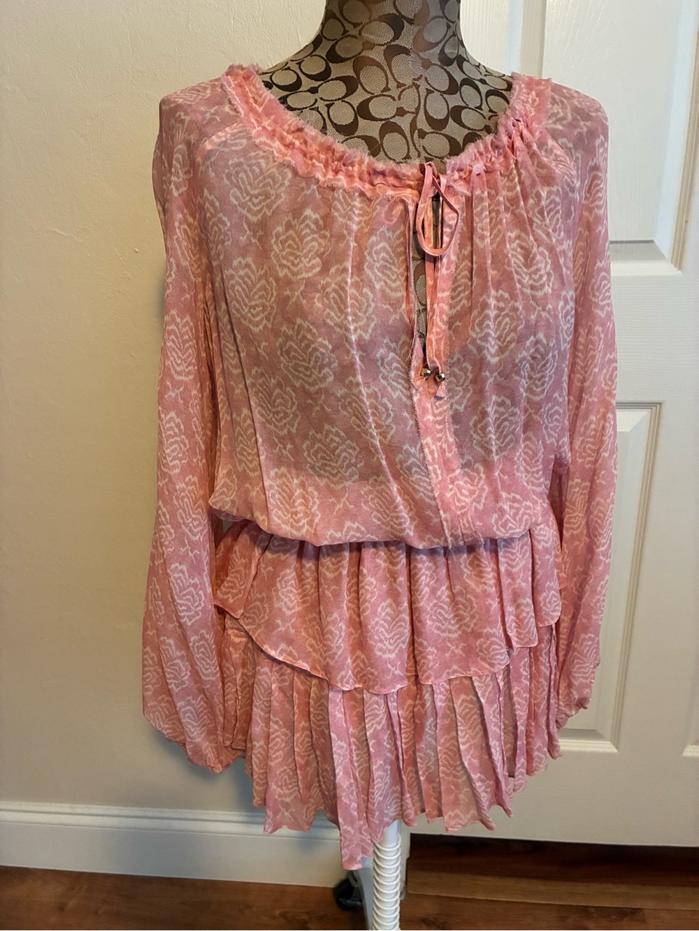 LoveShackFancy Pink Tie-Neck Tiered Peasant Mini Dress Boho Whimsical